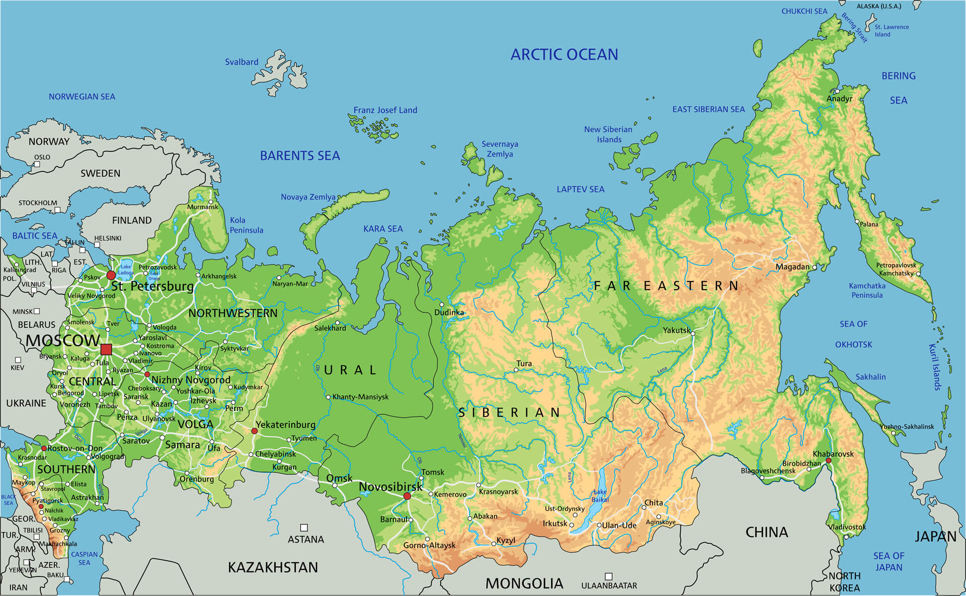 Yüksek Detaylı Rusya Fiziki Haritası